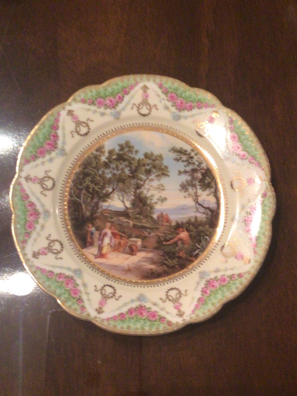 Source Unknown Porcelain Decorative Plate in White, Green, Pink & Gold